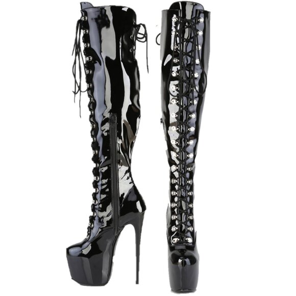 Juicy 3015 Black Patent Slim 7" Stiletto Platform Lace Up Over The Knee Boots - Picture 4 of 7